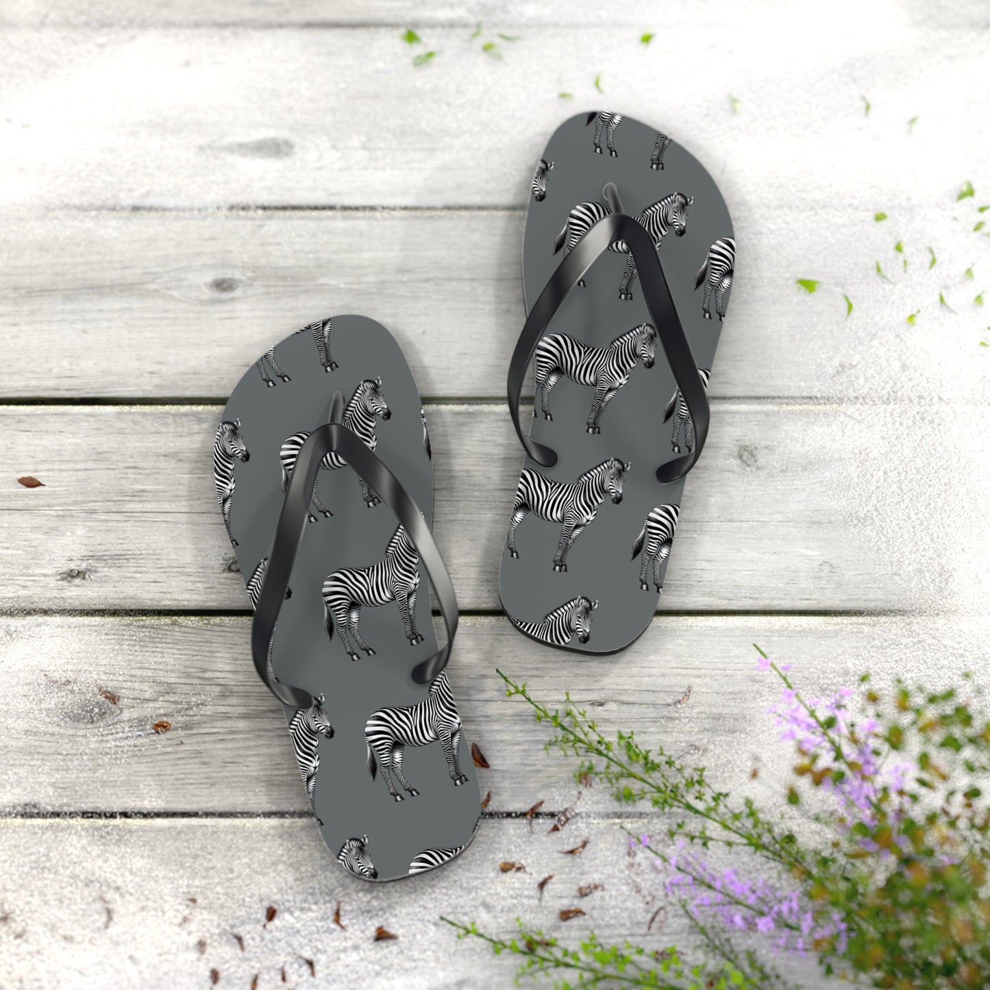 Zebra Flip Flops - Vibrant Purple Water Lily Design for Summer Vibes