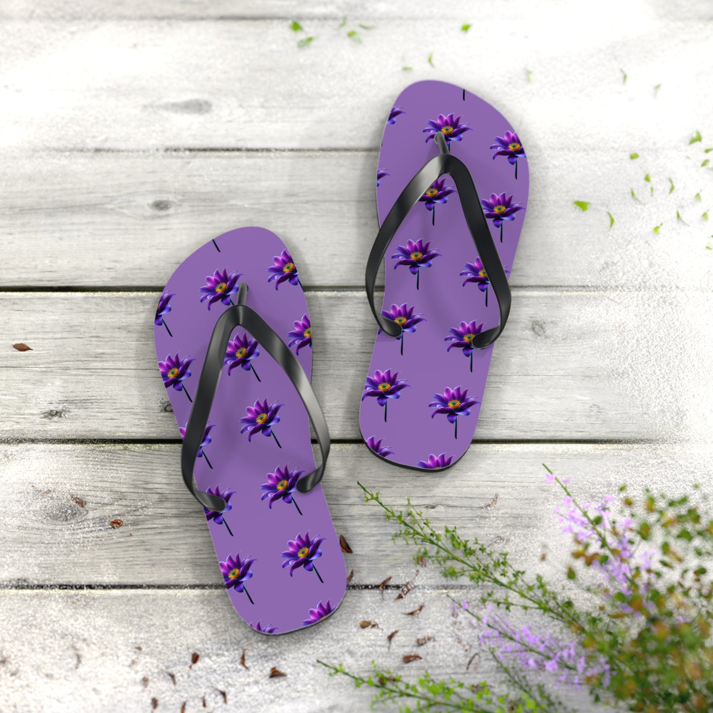 Floral Flip Flops - Vibrant Purple Water Lily Design for Summer Vibes